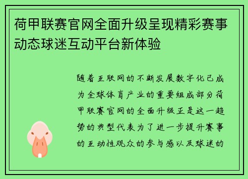 荷甲联赛官网全面升级呈现精彩赛事动态球迷互动平台新体验