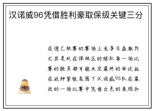汉诺威96凭借胜利豪取保级关键三分