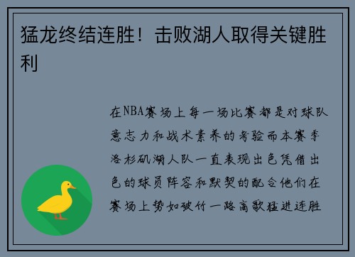 猛龙终结连胜！击败湖人取得关键胜利